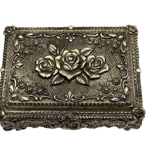 Vintage Silver Plated Blue Velvet Trinket Footed Music Box Roses Made In Japan - Picture 6 of 16